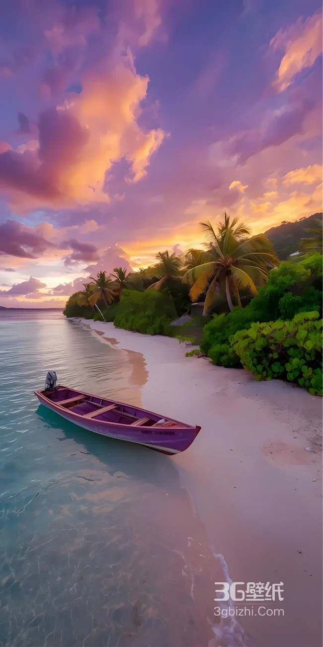 热带海滩日落椰林小船·唯美风 高热度手机壁纸1