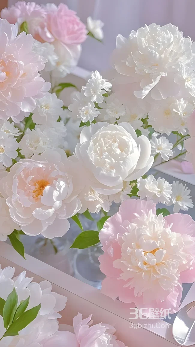 粉白芍药小白花·唯美清新 春日花房浪漫手机壁纸1