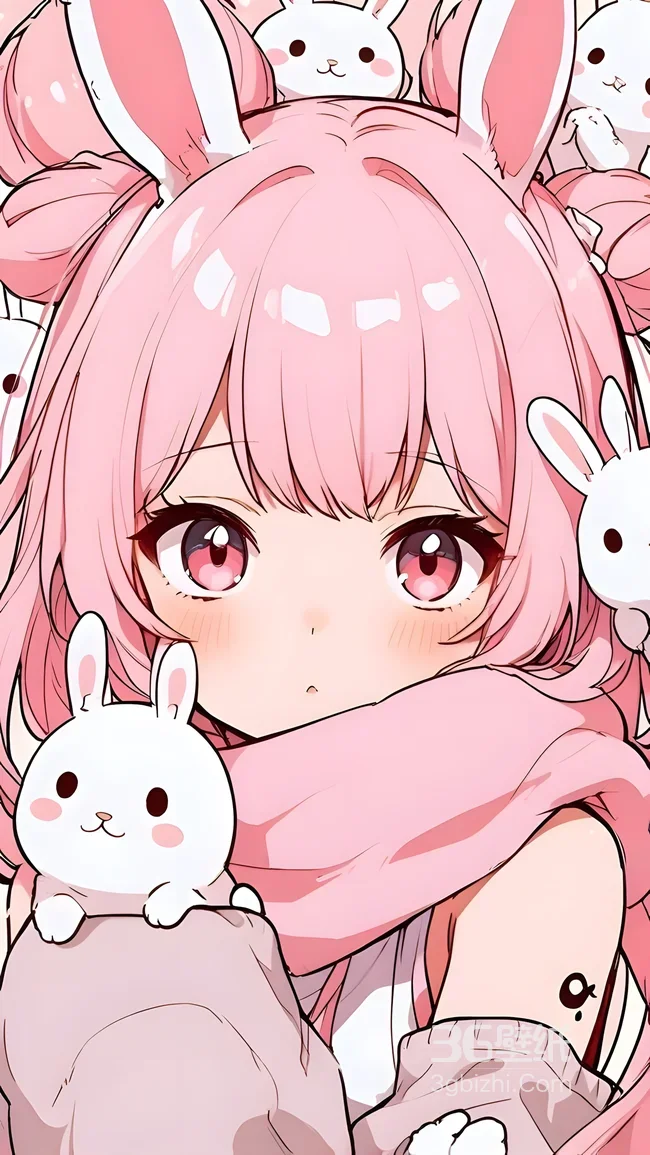 粉色兔耳少女·萌系兔子环绕 二次元治愈风插画 萌系手机壁纸1