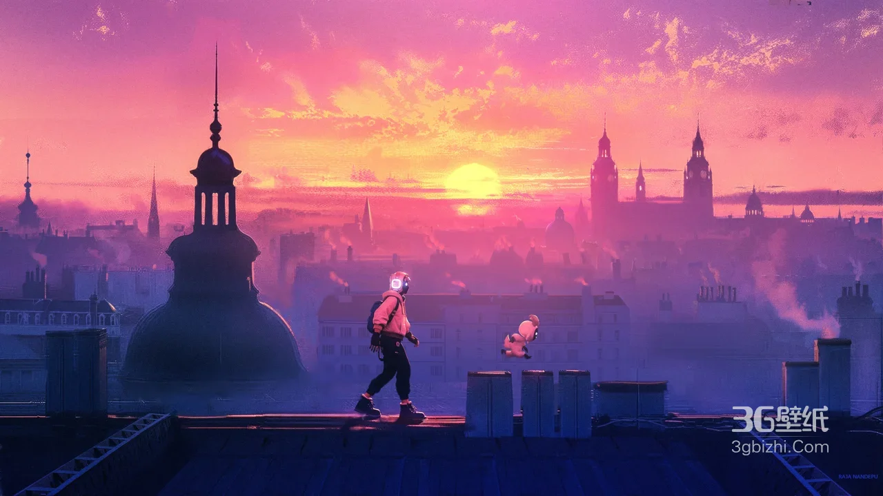 赛博朋克风城市黄昏·头盔行者与萌宠屋顶漫步 宽屏电脑壁纸1