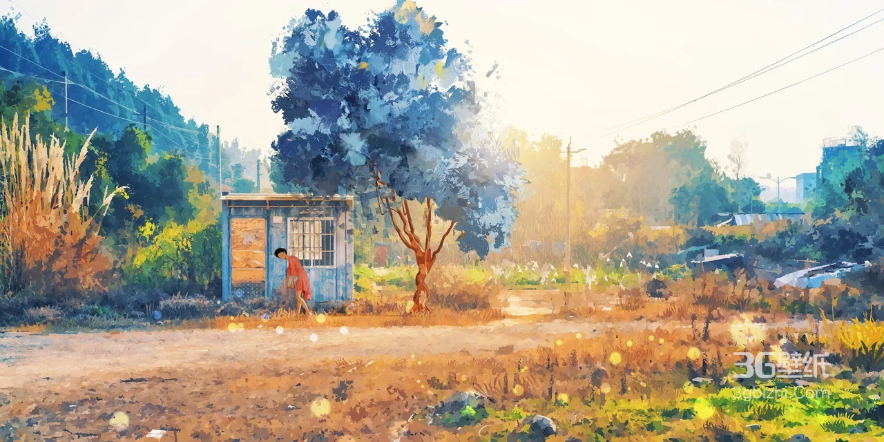 乡村小屋人物水彩风宽屏车机壁纸 暖光乡间治愈场景1