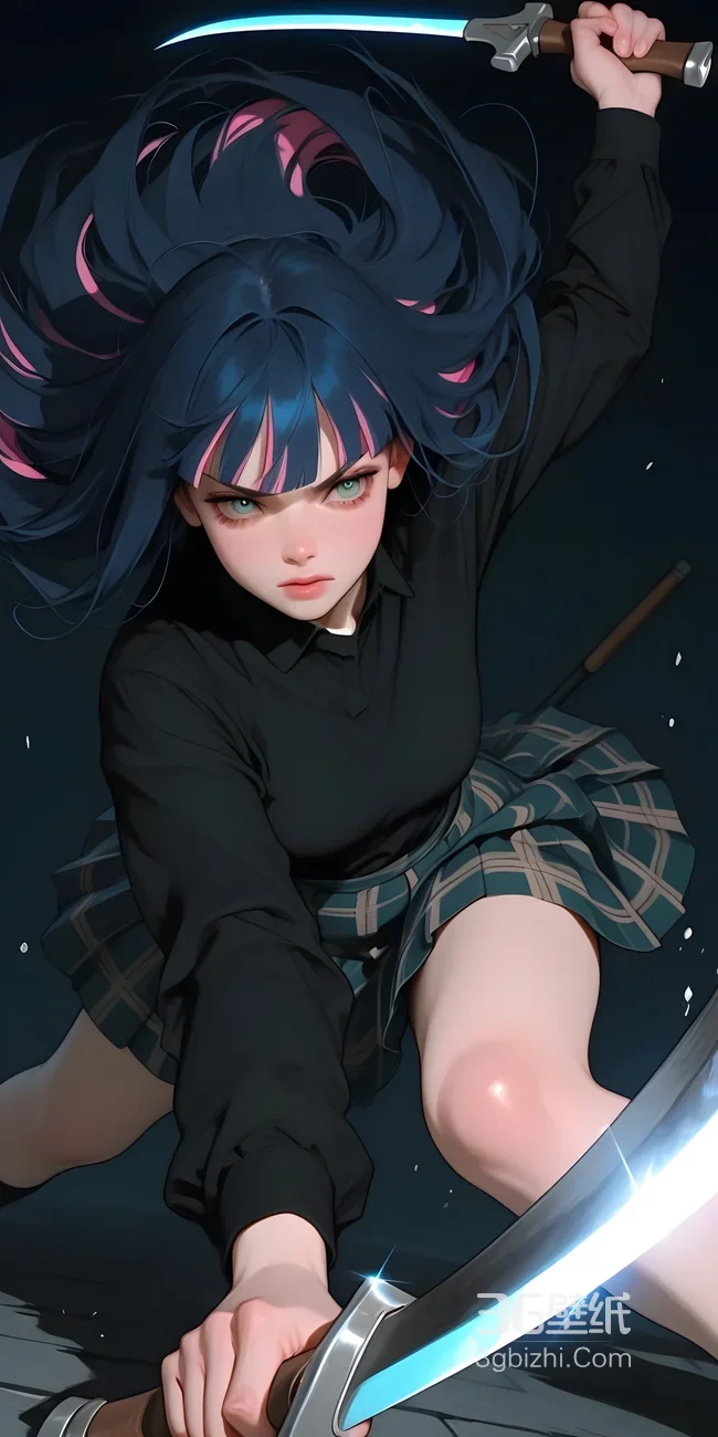 蓝发粉挑染双刀少女·二次元暗黑战斗风插画·高人气手机壁纸1