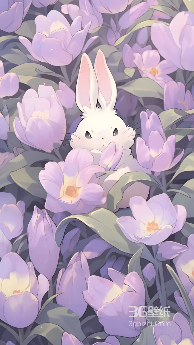 白兔·紫色花海簇拥 唯美插画风治愈系手机壁纸1