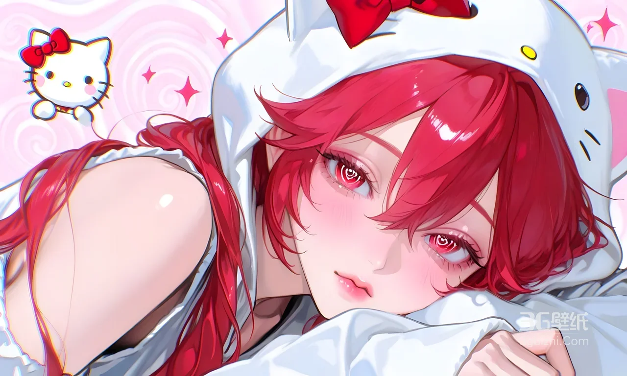 红发少女·Hello Kitty连帽装 二次元唯美插画 电脑桌面背景1
