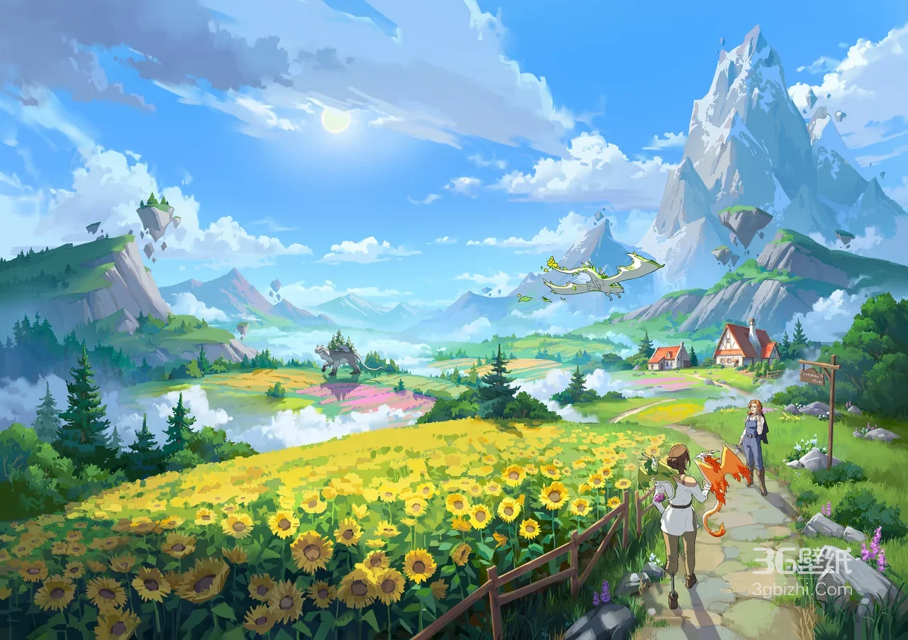 二次元奇幻田园冒险 向日葵花田龙兽小屋人物电脑壁纸1
