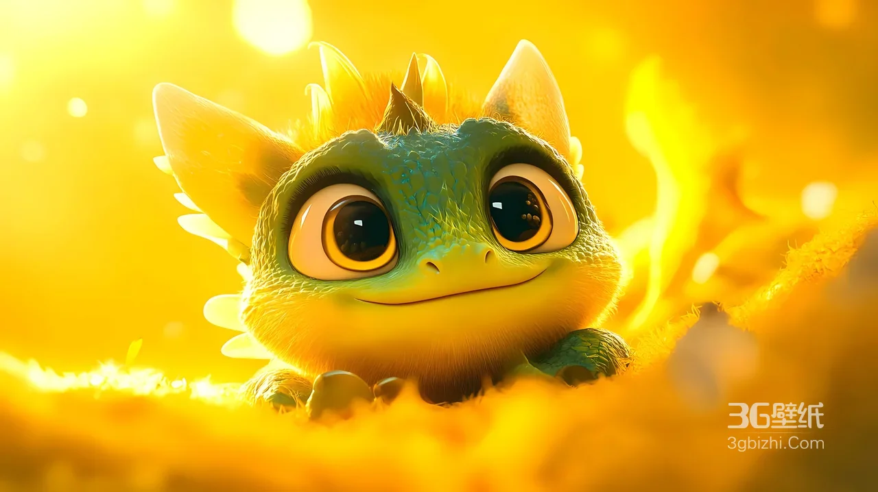萌系卡通小龙·暖黄治愈风 3D动画电脑壁纸1