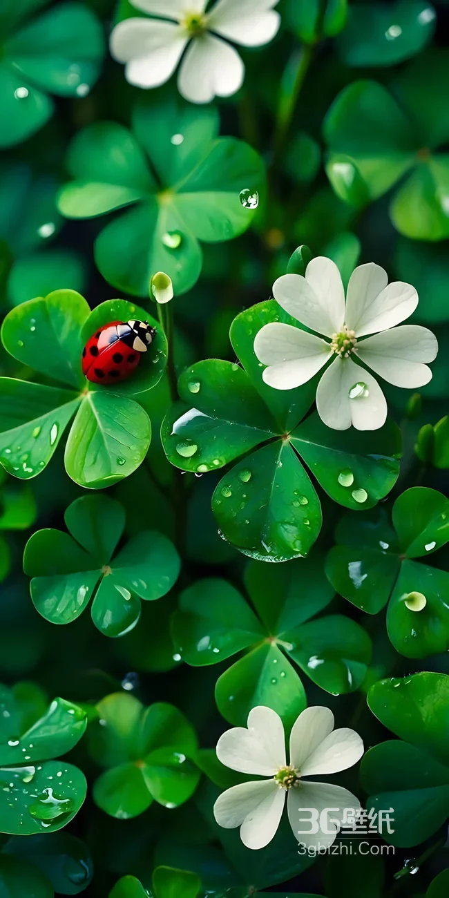 三叶草白花瓢虫·唯美清新治愈手机壁纸1