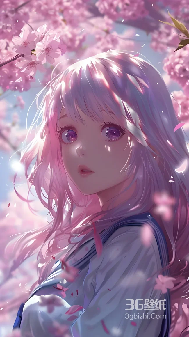 二次元粉发紫眸少女·日系樱花 治愈系手机壁纸1
