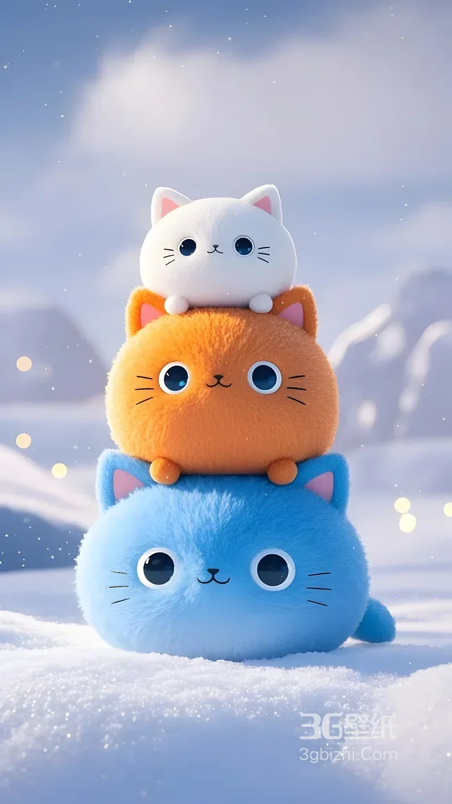 堆叠萌系猫咪·治愈可爱风·暖冬雪景治愈系手机壁纸1