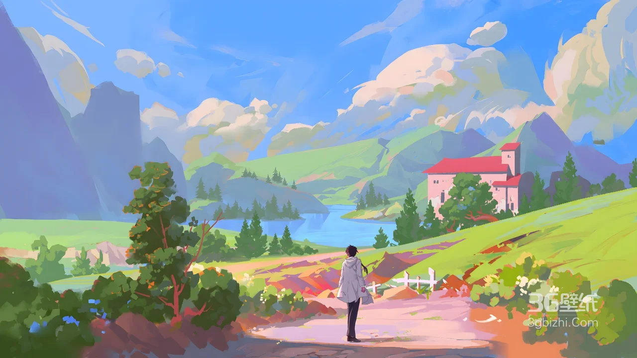 田园湖畔城堡·少年眺望·唯美二次元插画电脑壁纸1