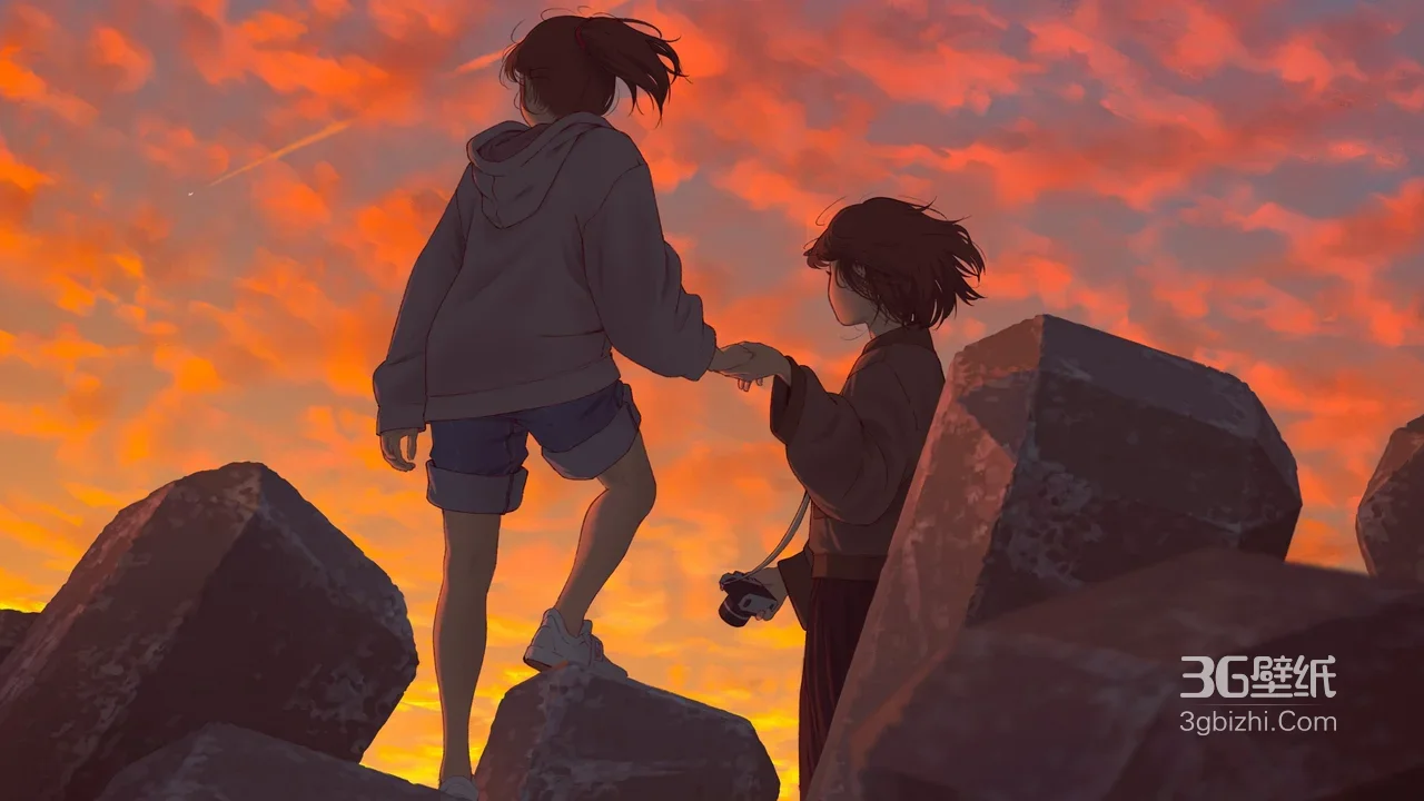 两名少女牵手登石 唯美二次元插画黄昏电脑壁纸1