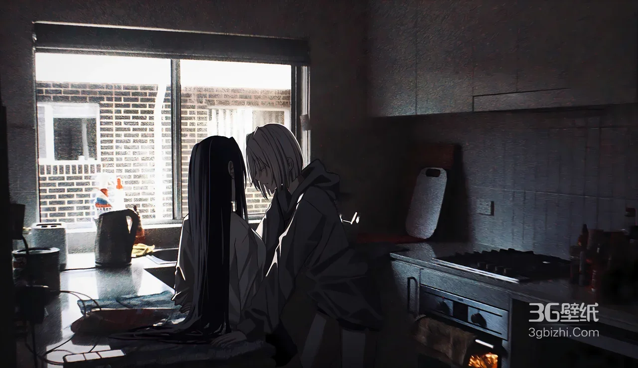 暗黑写实风动漫情侣厨房依偎 原创插画电脑壁纸1