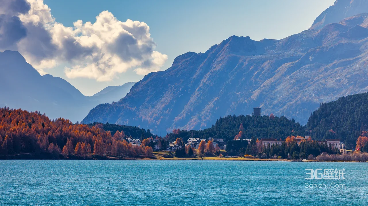 湖光秋林小镇·唯美自然 高清秋景湖山电脑壁纸1