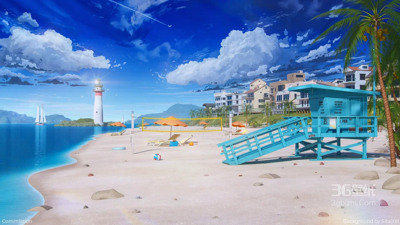 二次元唯美海滩·灯塔椰林插画 宽屏电脑壁纸1