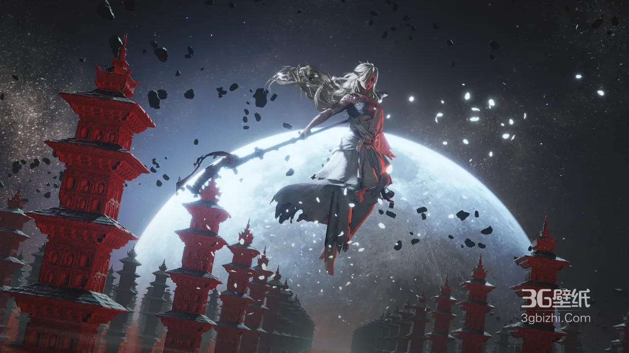 宁红夜·持杖浮空 红塔月空暗黑国风游戏宽屏壁纸1