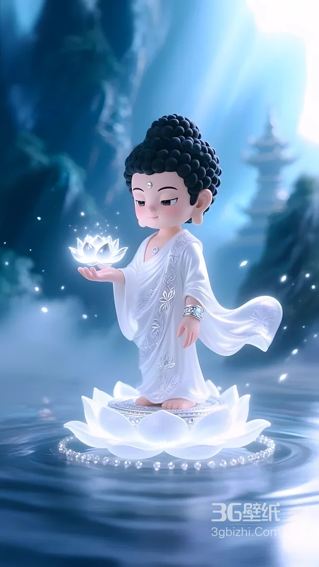 Q版佛陀·持发光莲立莲座 国风禅意唯美手机壁纸1