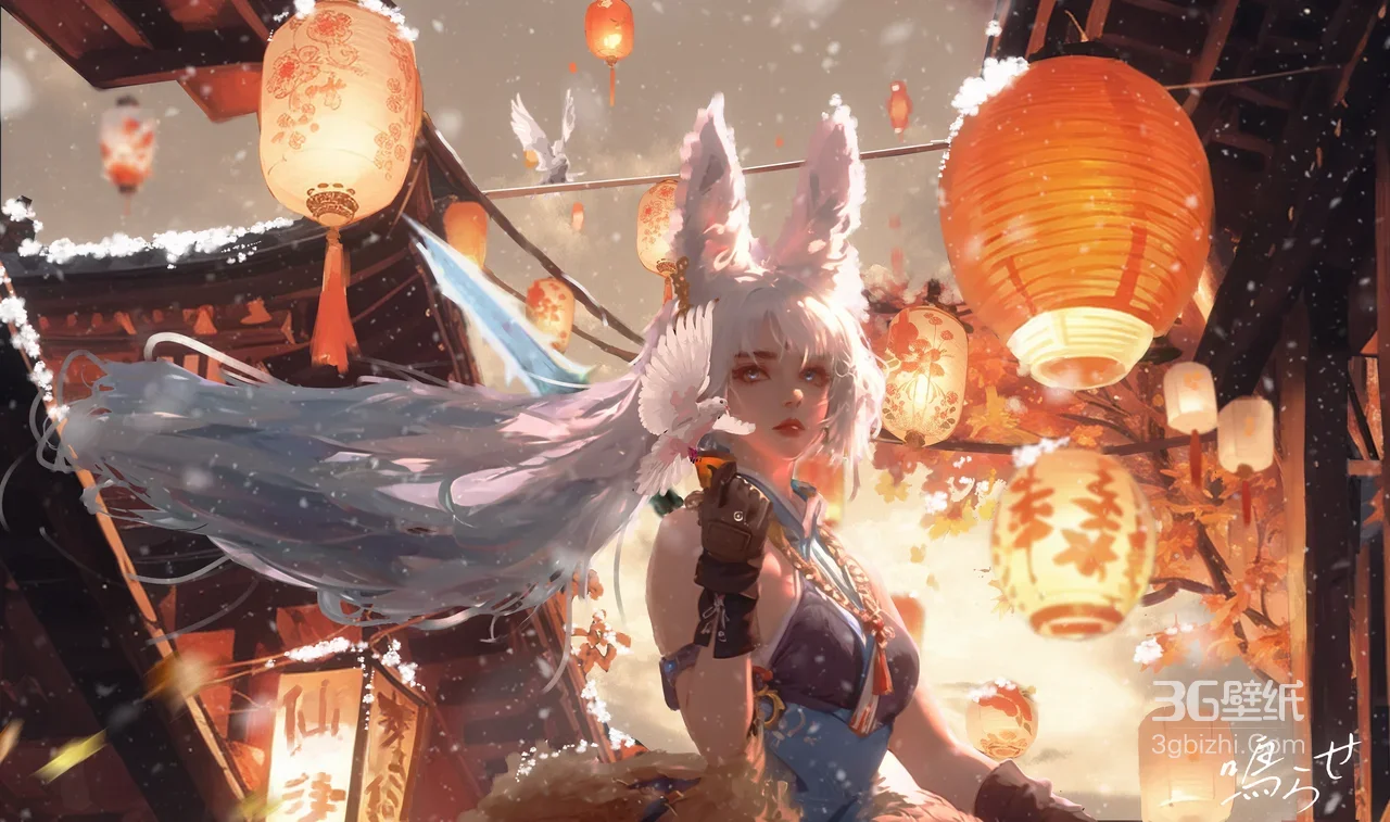 狐耳白发国风少女·古风灯笼雪景 唯美宽屏动漫电脑壁纸（新年氛围）1