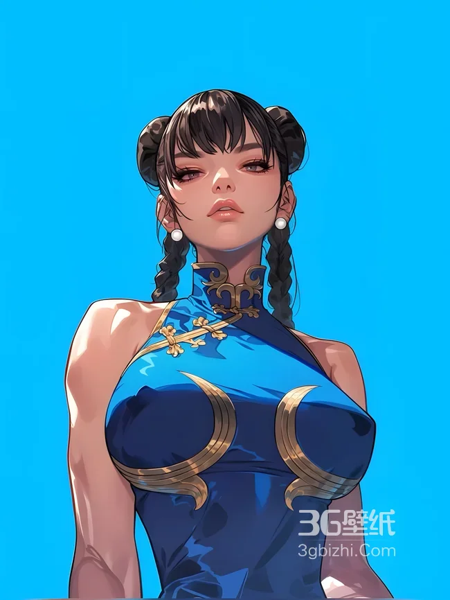 春丽·蓝金旗袍双辫 国漫风街霸游戏手机壁纸1