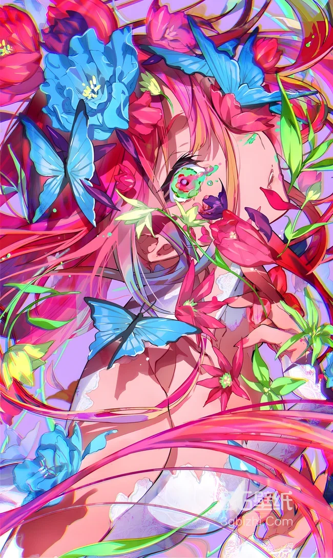 花蝶环绕二次元少女·梦幻炫彩风 高饱和手机壁纸1