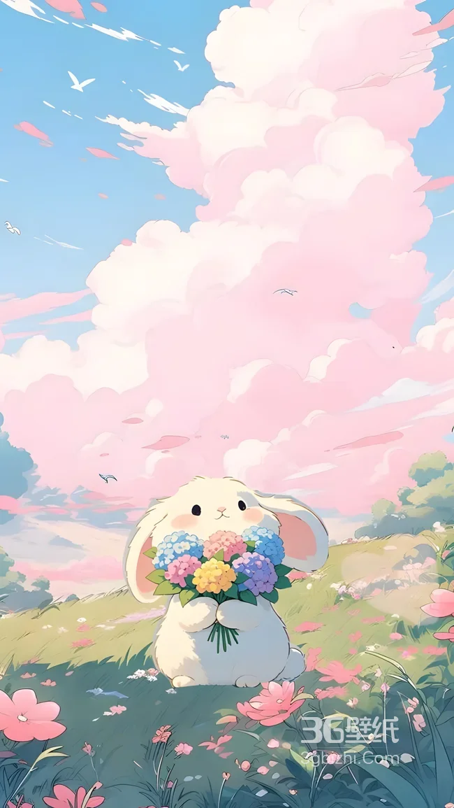 抱花白兔·唯美治愈插画 春日清新手机壁纸1