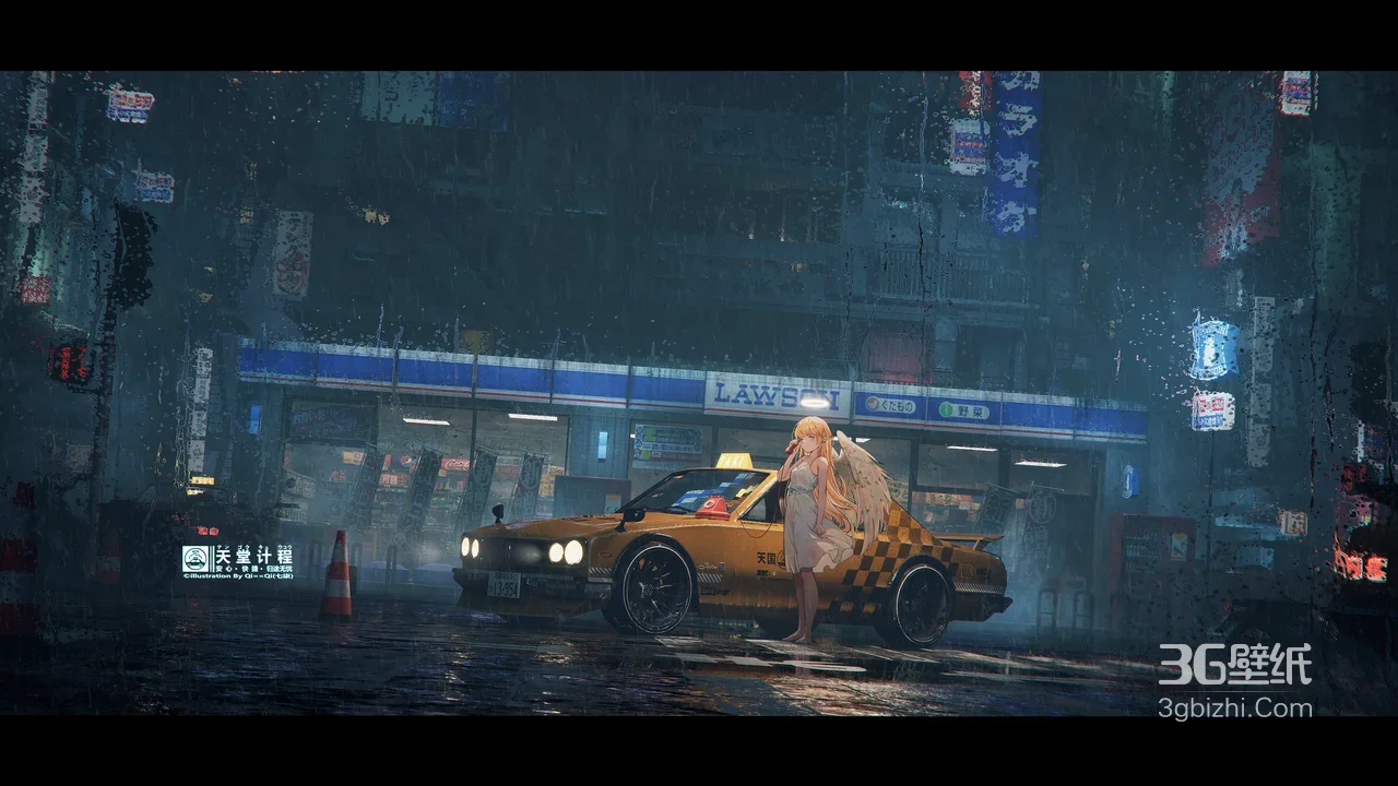天使少女·羽翼长裙 黄色出租车 雨夜赛博都市二次元插画 宽屏车机壁纸1