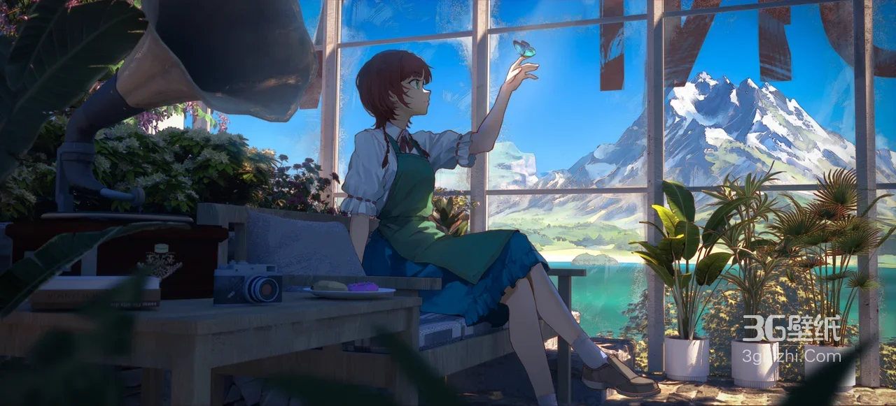 红发围裙少女·温室赏蝶 二次元唯美宽屏电脑壁纸1