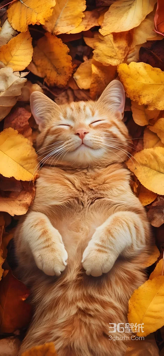 橘猫·落叶相拥 治愈唯美秋日手机壁纸1