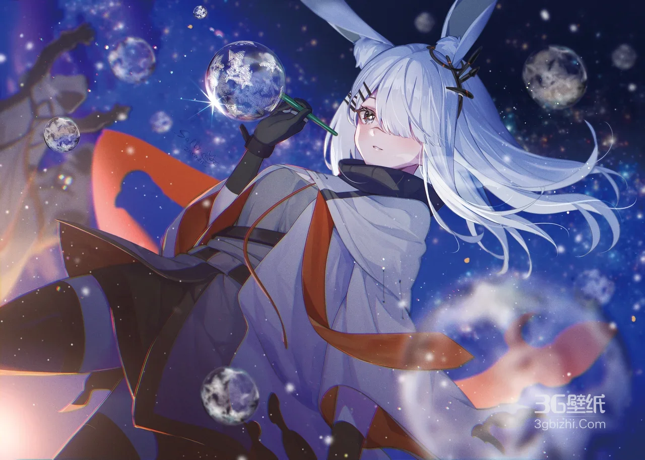 兔耳白发少女·星空泡泡 二次元唯美电脑壁纸1