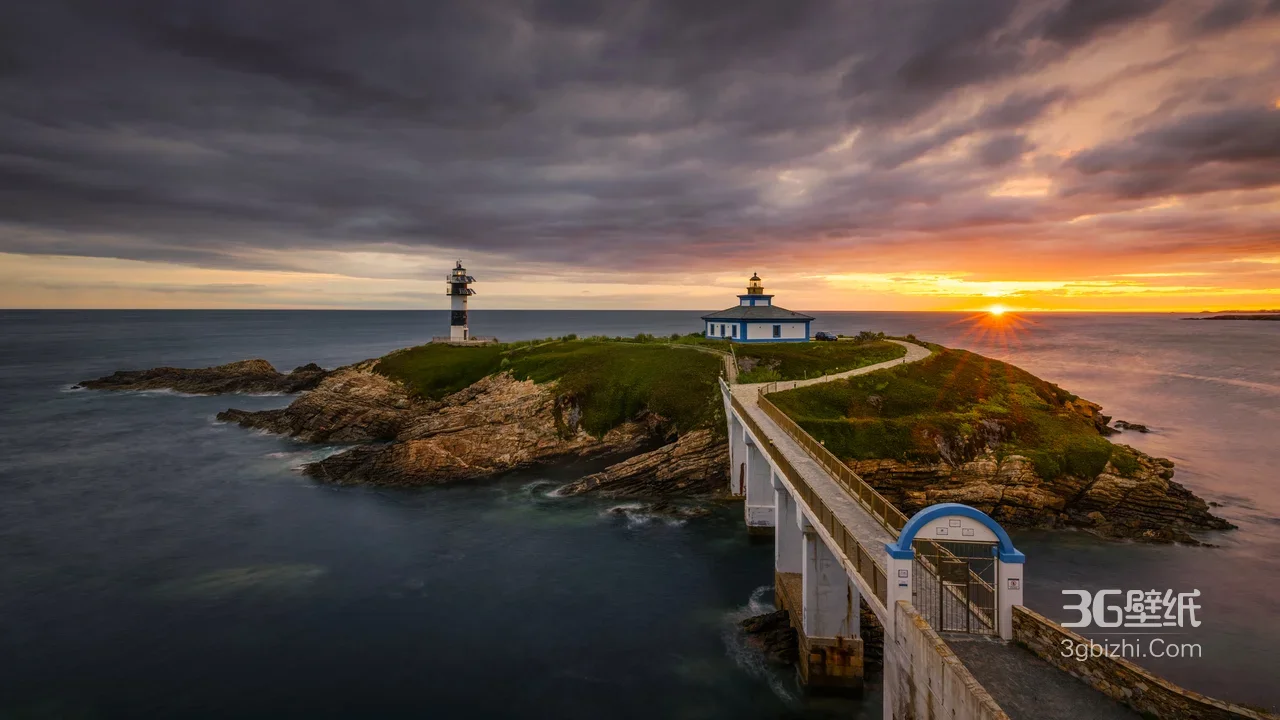海岛灯塔日落·唯美写实风 超高清宽屏电脑壁纸1