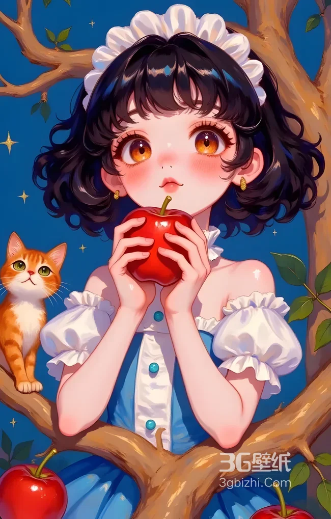 童话少女捧红苹果 橘猫相伴 梦幻治愈手机壁纸1