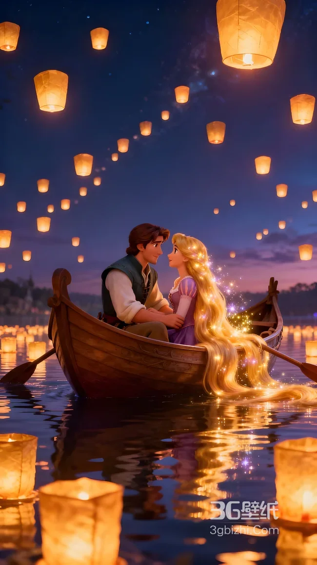 乐佩·发光长发&尤金 唯美《魔发奇缘》天灯船景壁纸1