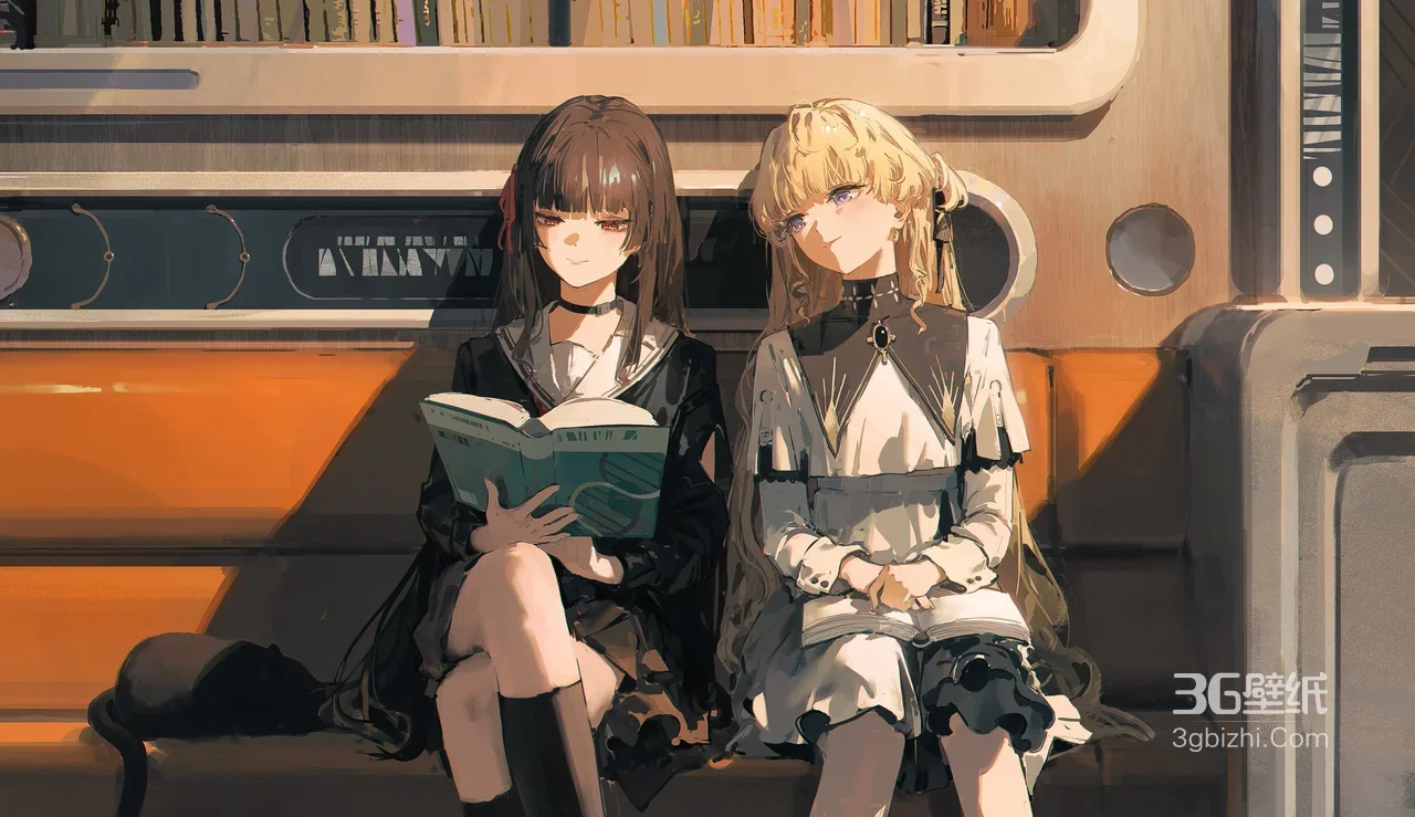 二次元双生少女·读书时光 复古科幻风插画宽屏壁纸1