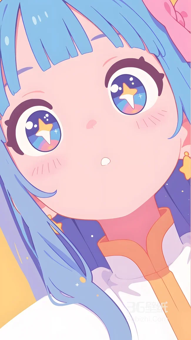 蓝发星星眼少女·二次元梦幻风 清新治愈手机壁纸1