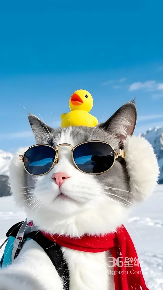 萌宠猫咪戴墨镜耳罩顶小黄鸭·可爱风冬季雪景手机壁纸1