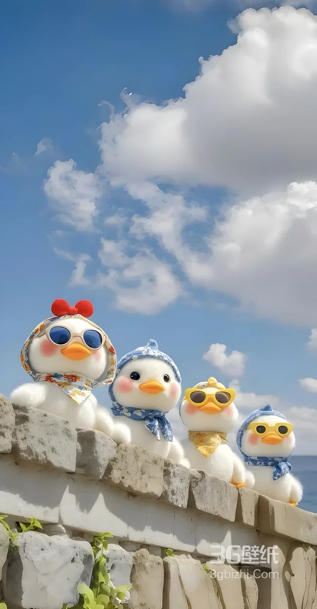 治愈风毛绒鸭群·戴墨镜头巾萌系海边壁纸1