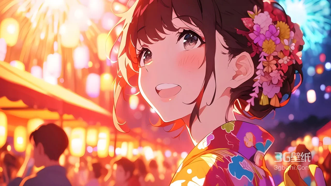 二次元和服少女·花饰 夏日祭烟花灯笼唯美动漫壁纸1