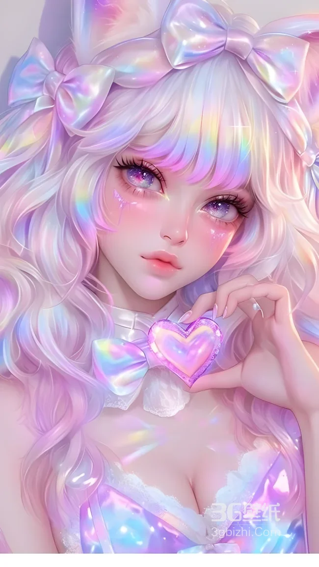 二次元梦幻彩虹猫耳少女·蝴蝶结爱心 唯美手机壁纸1