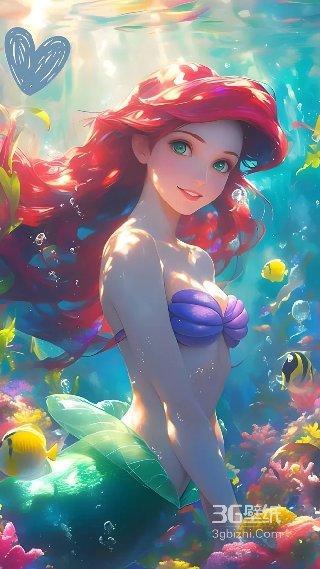 爱丽儿·红发人鱼 迪士尼小美人鱼 唯美梦幻海底手机壁纸1