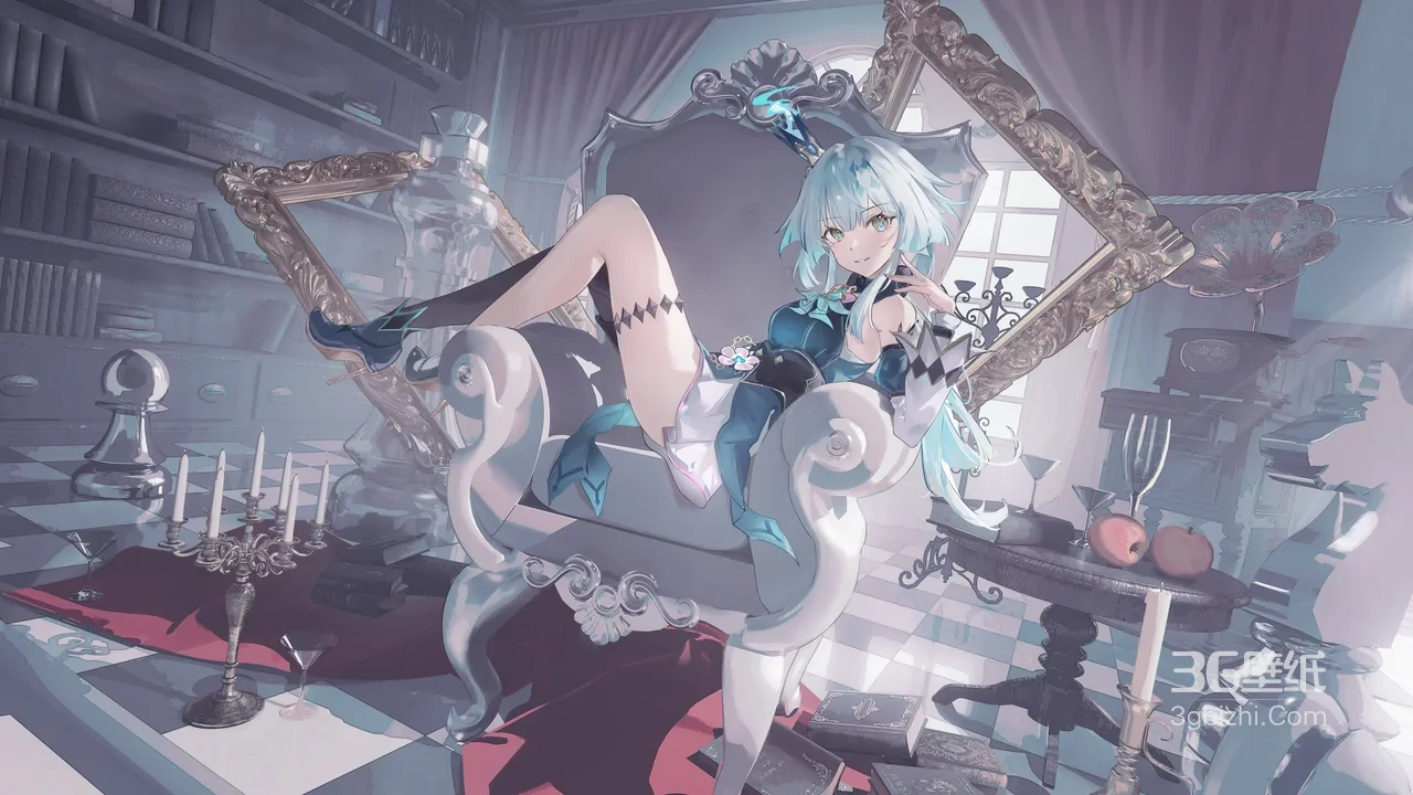 格蕾修·蓝发造型 二次元唯美复古房间游戏角色壁纸1