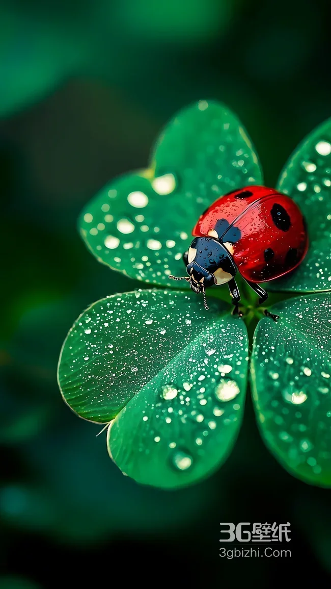 七星瓢虫·四叶草露珠 唯美写实幸运草昆虫壁纸1