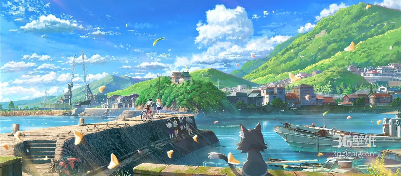 日系唯美动漫海滨小镇猫咪人物场景电脑壁纸（车机宽屏适用）1