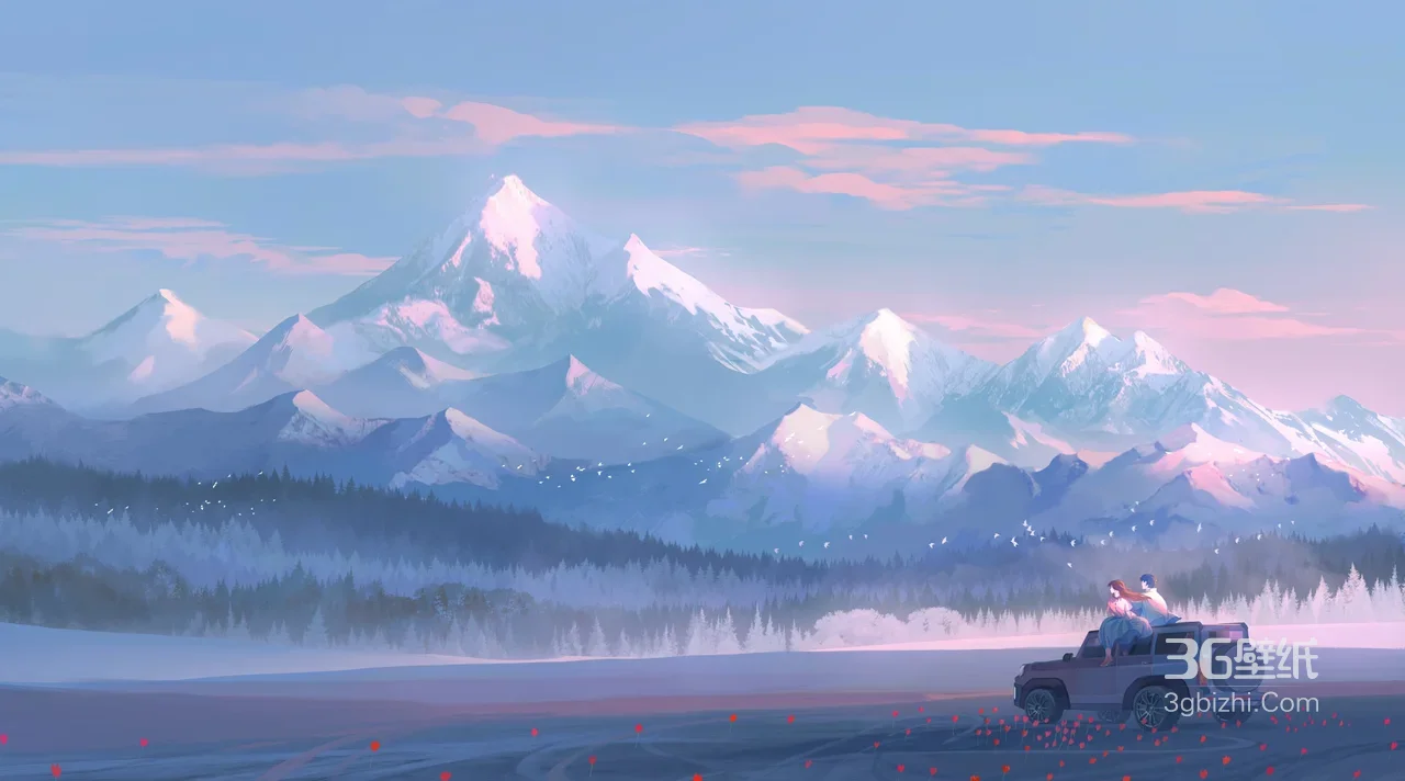 雪山森林·情侣越野赏景·唯美插画电脑壁纸1