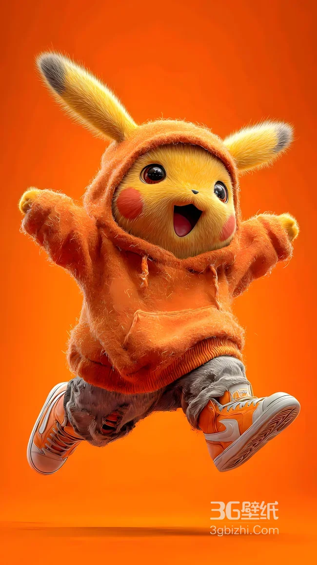 皮卡丘·橙色连帽衫活力跳跃 宝可梦写实萌系热门壁纸1