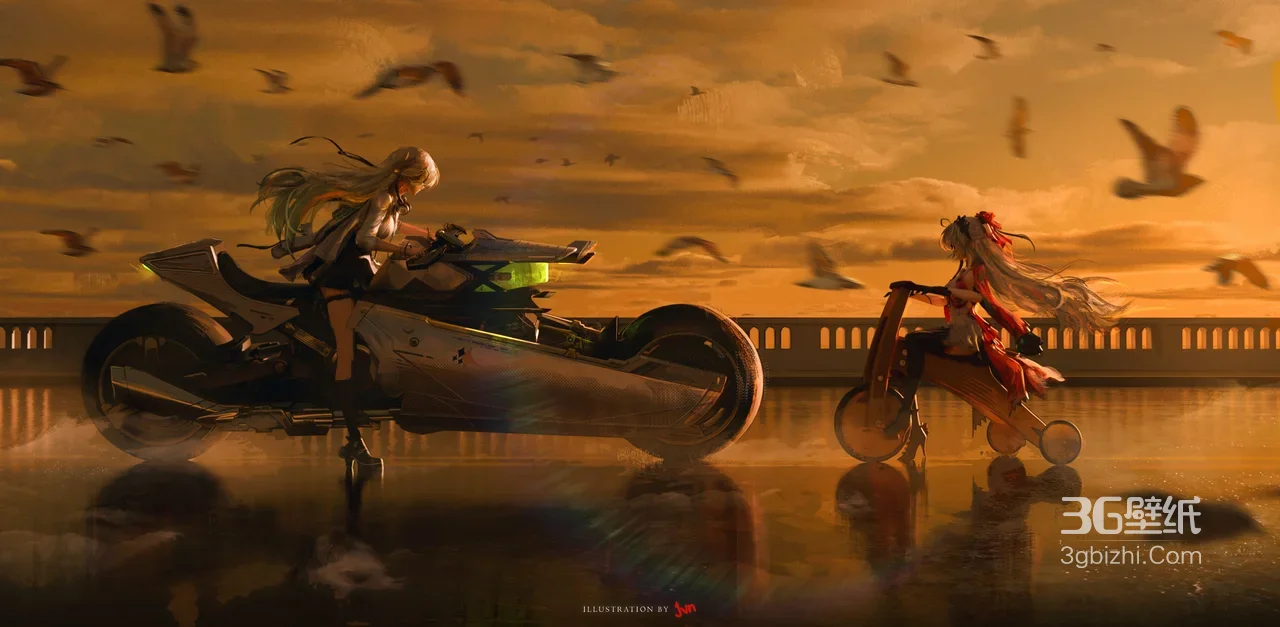 二次元少女·摩托三轮车·黄昏飞鸟宽屏车机动漫壁纸1