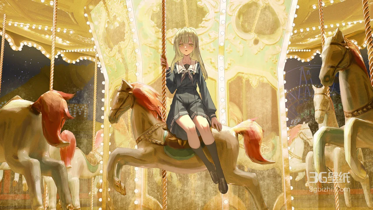 金发少女·水手服 旋转木马·日系唯美二次元电脑壁纸1