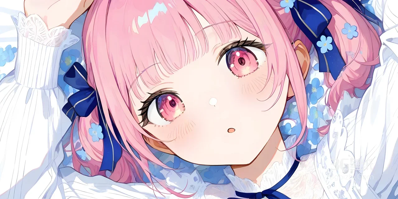 二次元粉发双马尾少女·蓝蝴蝶结蕾丝风 超高清宽屏电脑壁纸1