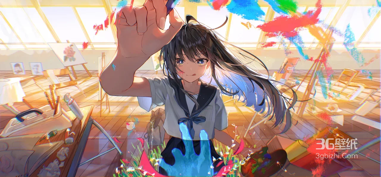日系二次元少女·画室绘彩 宽屏电脑壁纸1