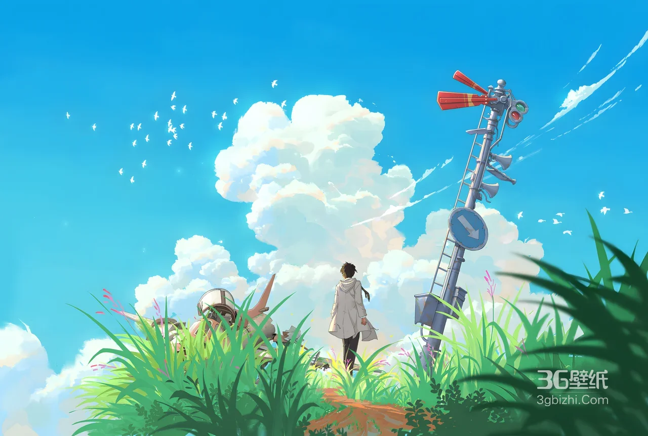 日系清新少年与机械·夏日草甸宽屏电脑壁纸1