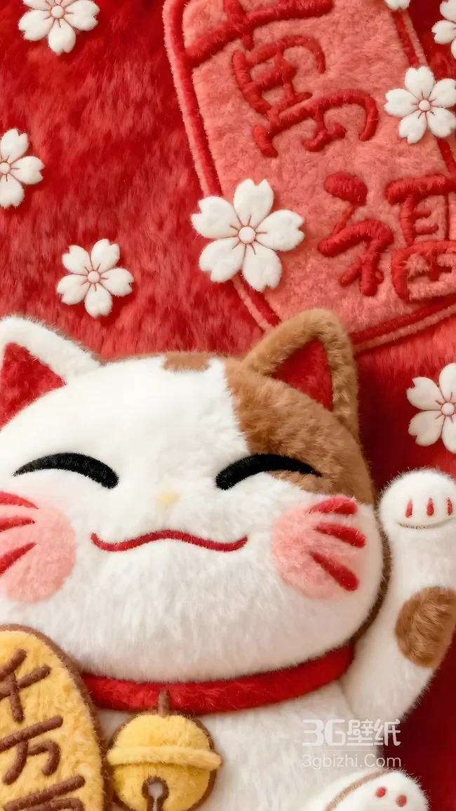 招财猫玩偶·国风祈福风 樱花红底手机壁纸热门款1