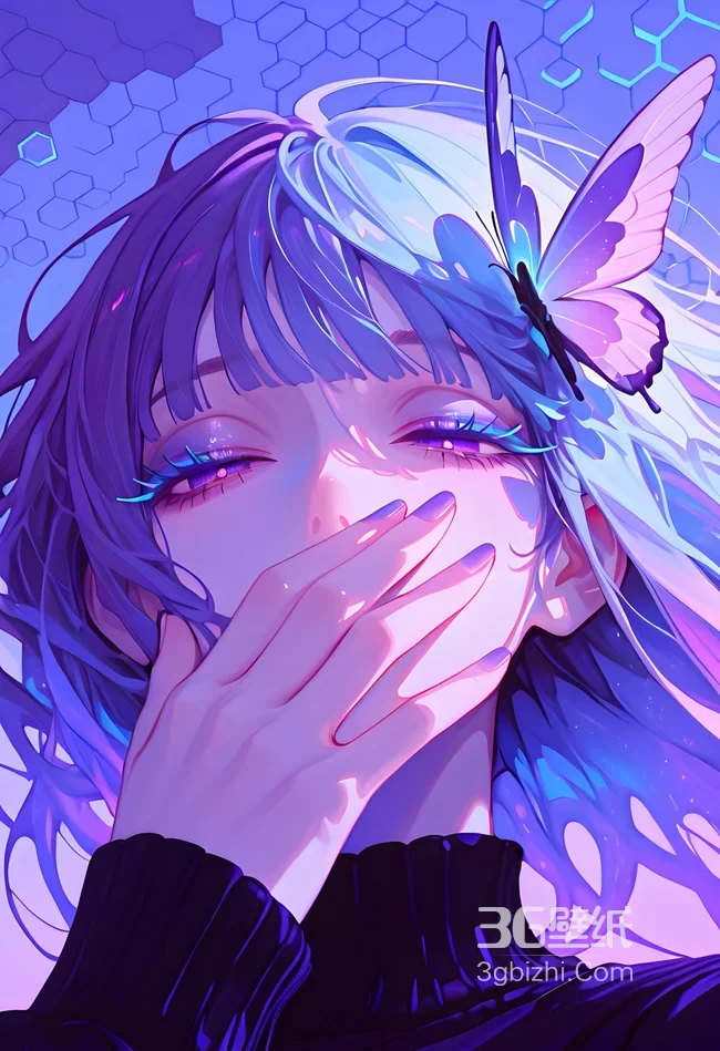 二次元梦幻少女·蝴蝶停驻发丝 蓝紫渐变唯美手机壁纸1